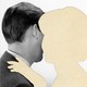 a black-and-white image of a man, with an empty space where a woman might be hugging him