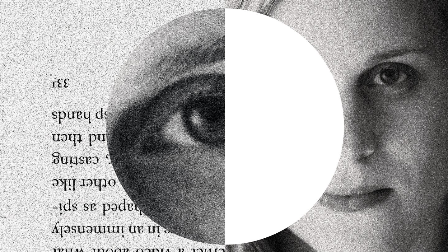 A split black-and-white image of text from a book and Lauren Groff's face, with Groff's eye superimposed in the center