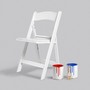 Illustration of a white chair with red- and blue-paint buckets next to it