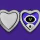 A silver heart-shaped locket is open to reveal the image of a robot inside. The silver locket is set against a deep-purple background.
