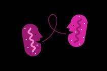 Two pink cartoon mitochondria talking, a pink conversation bubble between them