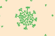 A coronavirus made of a jumble of green letters, with other letters scattered throughout the frame