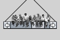 Illustration of construction workers eating lunch on a metal beam, except the metal beam is an old-fashioned browser window scrollbar