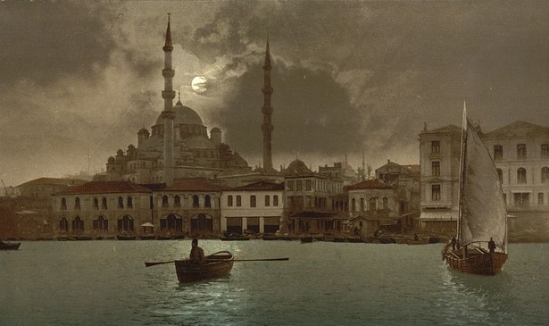 Constantinople at night, in a print from around the turn of the 20th century. The Eastern Roman Empire, based in Constantinople, endured for many centuries after the fall of the Western Empire, in Rome.
