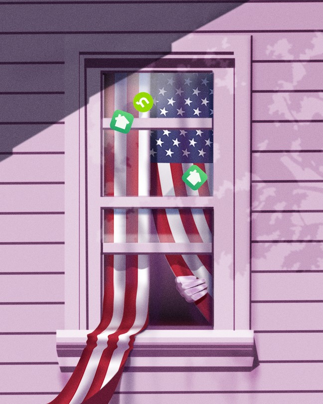 A graphic illustration of a hand pulling back an American-flag curtain hanging in a window.