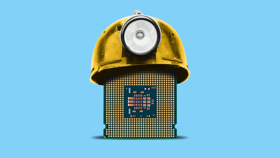 Illustration of a computer piece topped by a construction hat