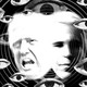 A black and white image of Trump and Epstein's heads adjoined, surrounded by circles and eyes