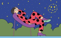Illustration of a person lounging in a chair and gazing at a smiley-face constellation