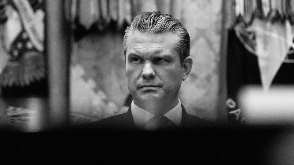 Black-and-white photograph of Pete Hegseth