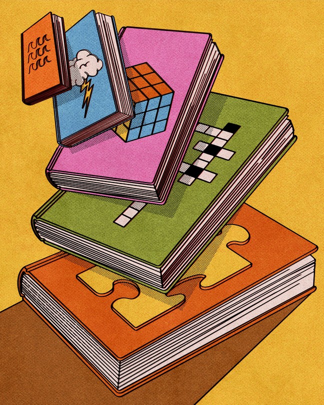 Illustration showing a stack of books of varying sizes