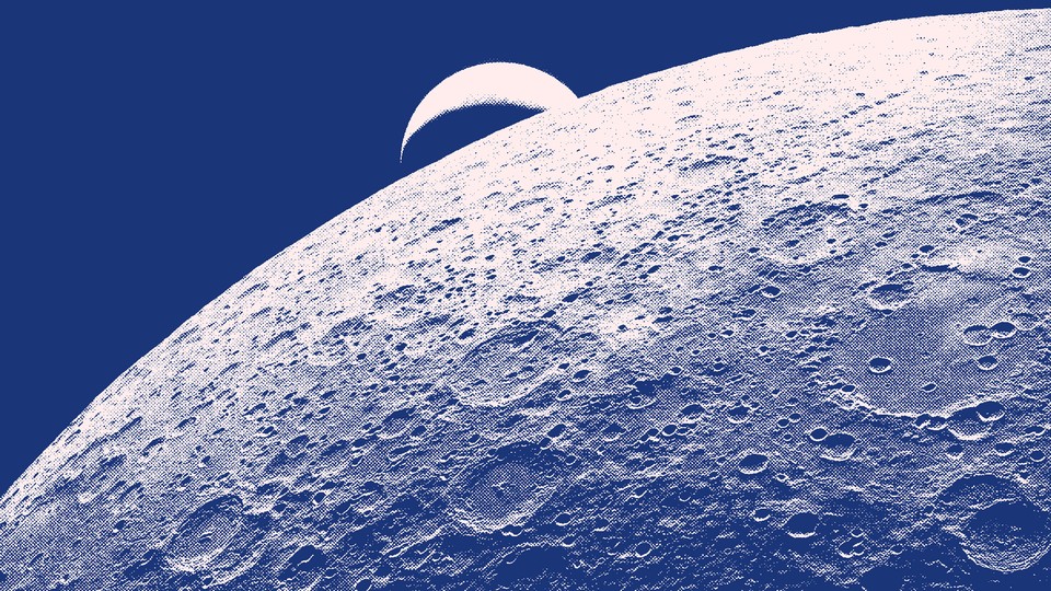 A blue-tined photo showing the Earth setting behind the moon