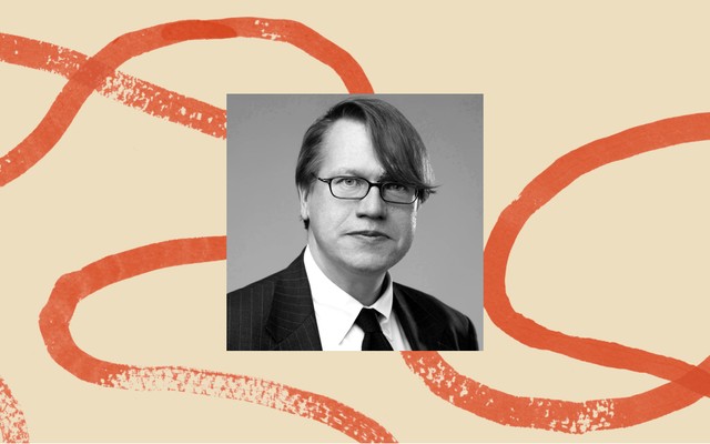 A black-and-white headshot of Geoffrey Kabaservice, bordered by an illustration