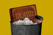 An illustration of a book that says "etiquette" is in the trash can