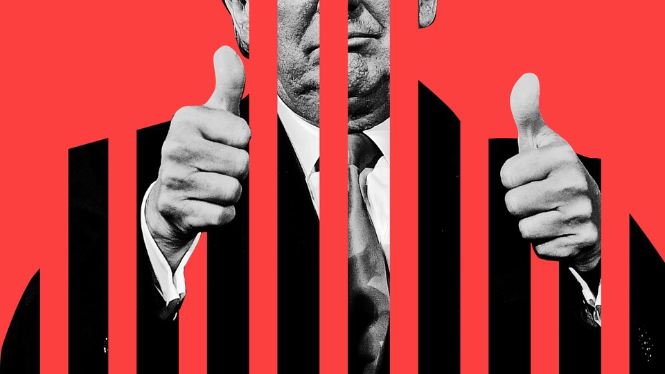 An illustration of Donald Trump making the thumbs-up sign behind bars