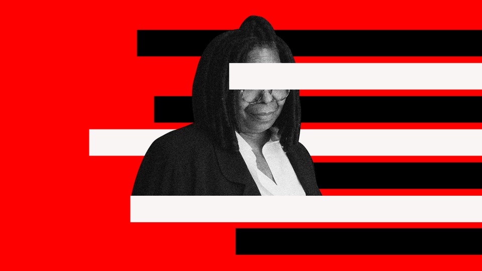 A black-and-white photo of Whoopi Goldberg on a red background, with black-and-white alternating lines covering parts of her face and body