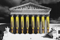 An illustration of the Supreme Court building with columns in the shape of bullets