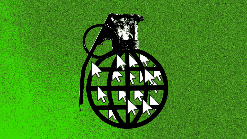 Collage of a grenade filled with computer cursors, on a green background