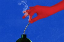 A red hand in front of a blue background extinguishes the fuse of a bomb.