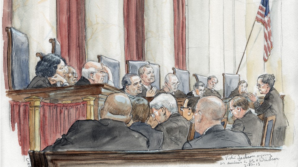 Drawing of the attorney Vicki Jackson arguing before the Supreme Court