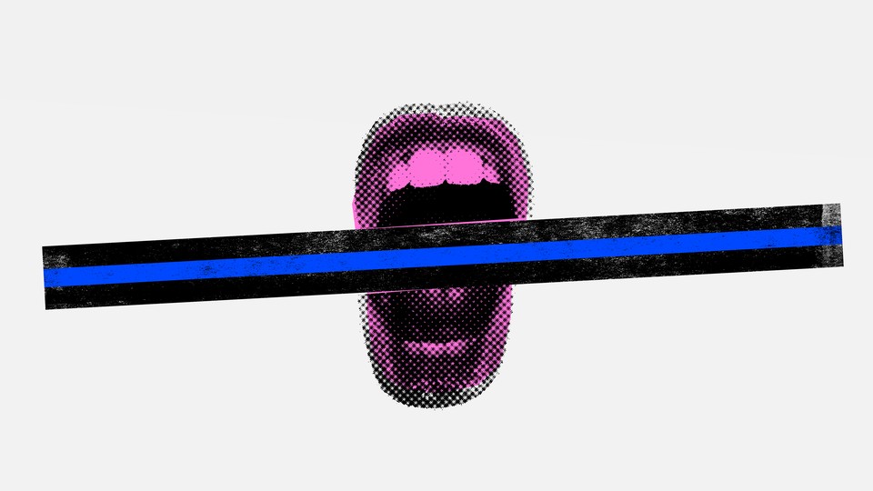 An illustration of a mouth with a "back the blue" flag across