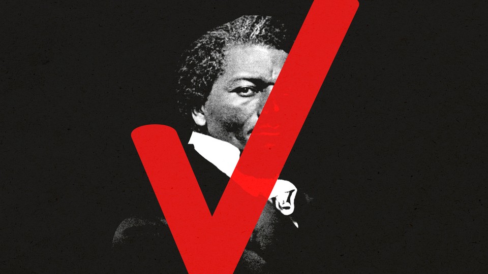 An illustration of Frederick Douglass with a checkmark.