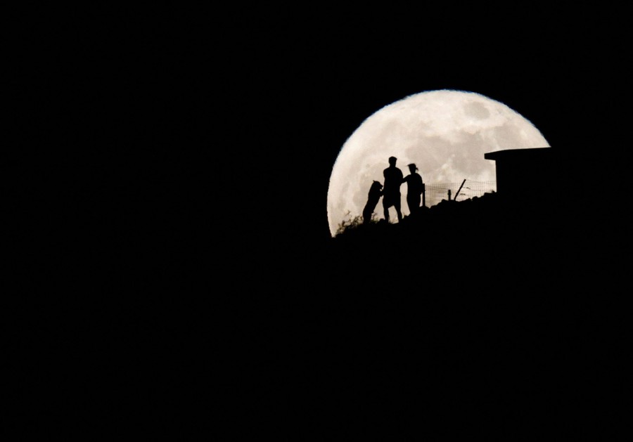 A couple and a dog are silhouetted by a full moon.