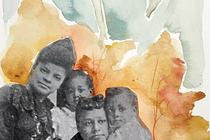 archival black-and-white photo of Ida B. Wells with another woman and two children with watercolor painting of human figure and trees