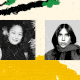 Black-and-white photos of each host sit in the center of a cream background. In the upper left corner, black branches extend with green puff of leaves at the end. The top right corner is golden and the bottom right corner is red.