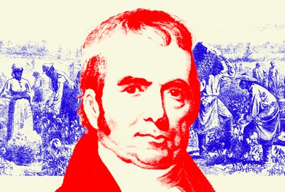 A red-hued portrait of John Marshall laid over a blue-hued illustration of slaves working in a field