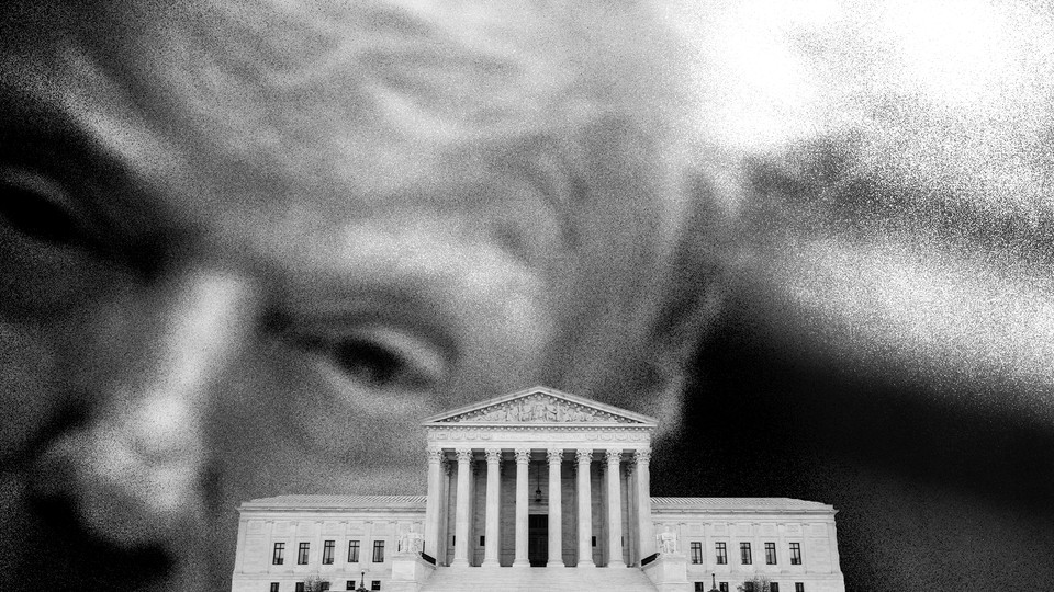 Illustration showing a giant Trump hovering over a tiny Supreme Court building