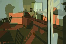 Graphic illustration of a restaurant with the reflection of law-enforcement agents in the front window