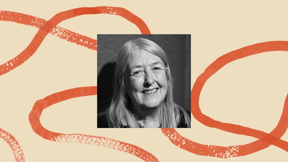 A black-and-white photo of Dame Mary Beard, bordered by an illustration