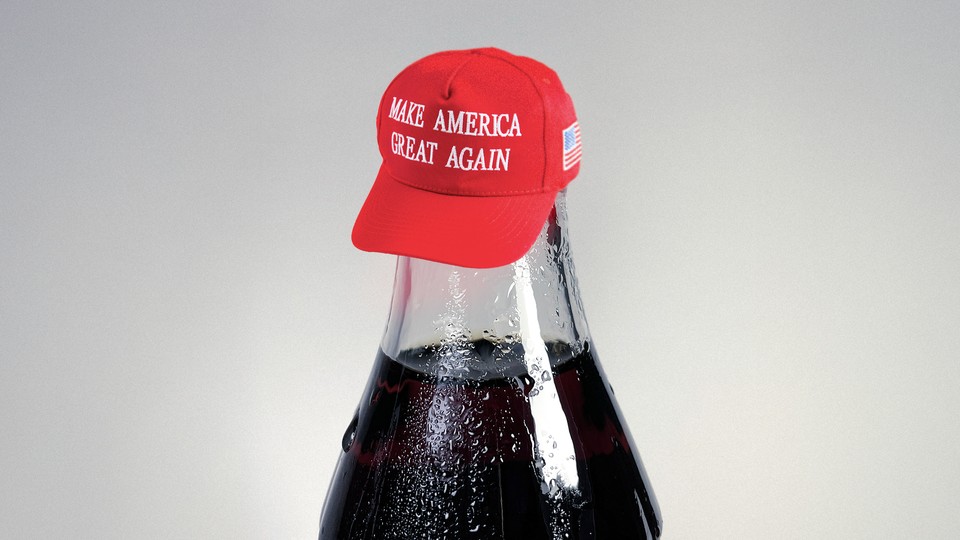 An illustration of a Coca-Cola bottle with a MAGA hat