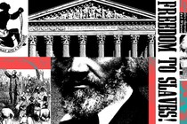 A collage with images of enslaved Black Americans, Dred Scott, and the Supreme Court.