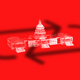 An illustration shows two dark arrows circling the white U.S. Capitol building. The illustration's background is red.