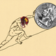 Illustration of Sisyphus in a Washington Commanders helmet rolling a coin up the hill.