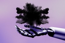 A robot arm extends from the left side, and its hand opens to a puff of black smoke. The background is a purple square.