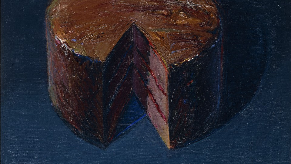 A Wayne Thiebaud painting of a chocolate cake