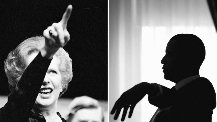 An image of Margaret Thatcher pointing into a crowd set alongside one of Barack Obama sitting at a desk.