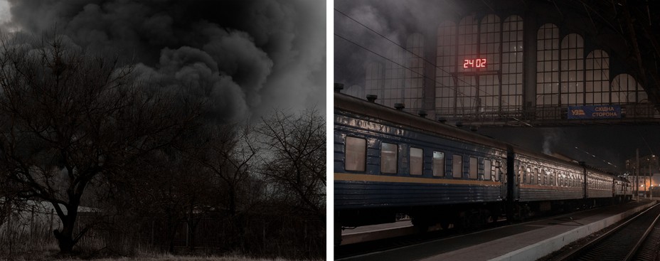 Diptych: black smoke from an explosion; a trian in the depot at night