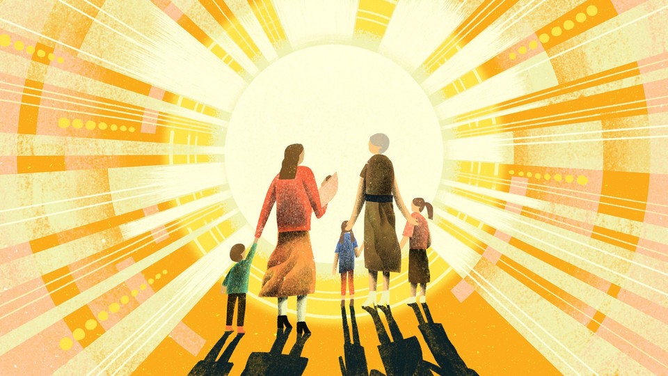 An illustration of two women and four children walking toward the sun, surrounded by refracting light beams