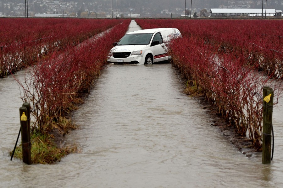A white van sits stranded in a flooded farm field.
