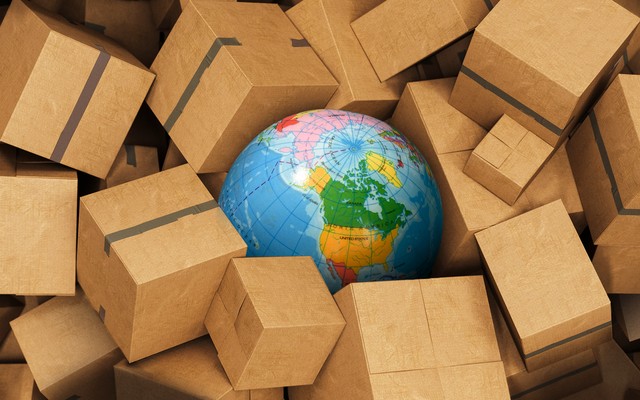 A globe surrounded by packages