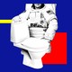 An astronaut standing next to a toilet