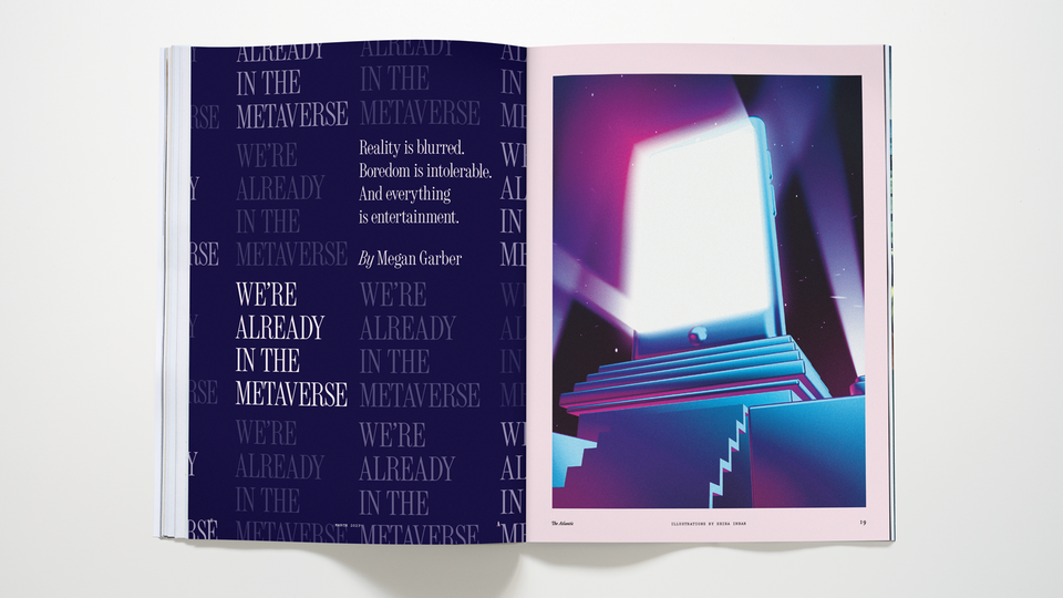 A photograph of a magazine open to the article "We're Already in the Metaverse"