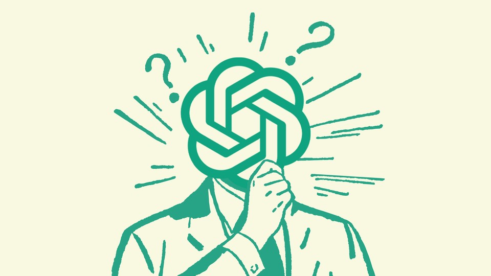 A green illustration of a person holding their hand to their chin as if thinking, with the OpenAI logo (gordian knot) in the place of a face