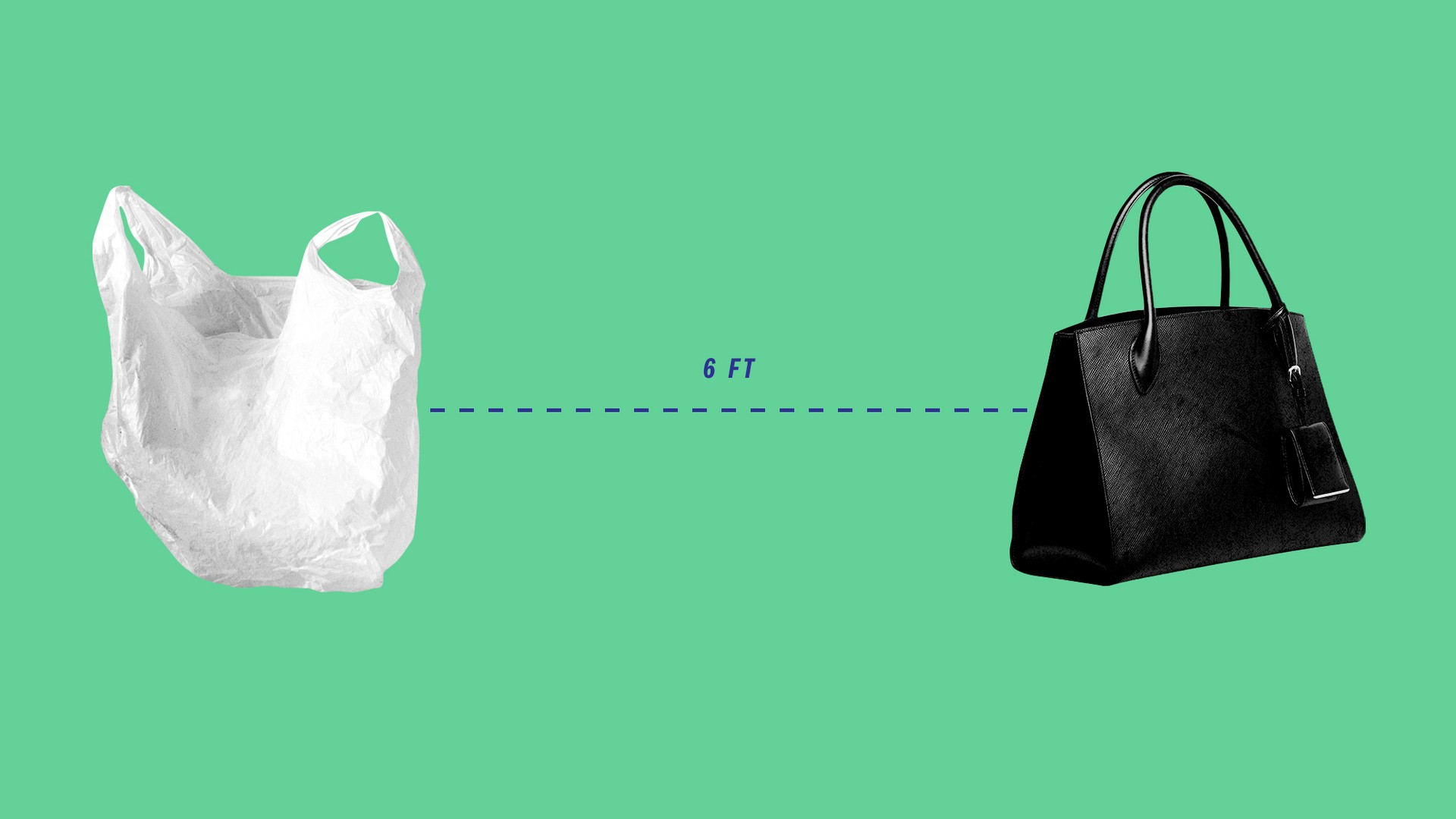 A plastic bag and a black leather handbag six feet apart