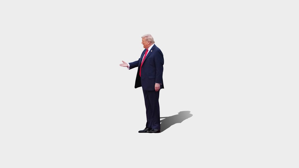 Donald Trump standing alone, offering a handshake