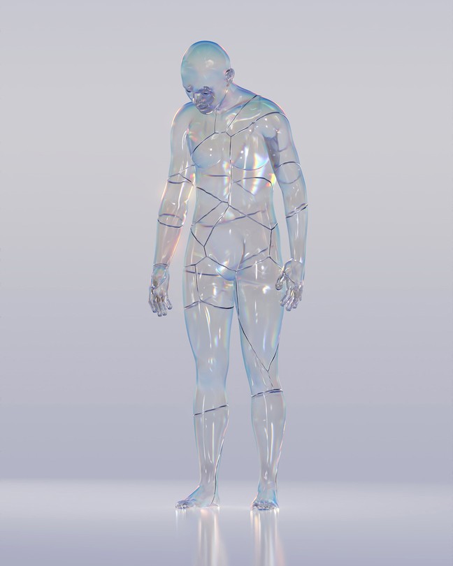 A 3D illustration of a human body made of cracked glass.