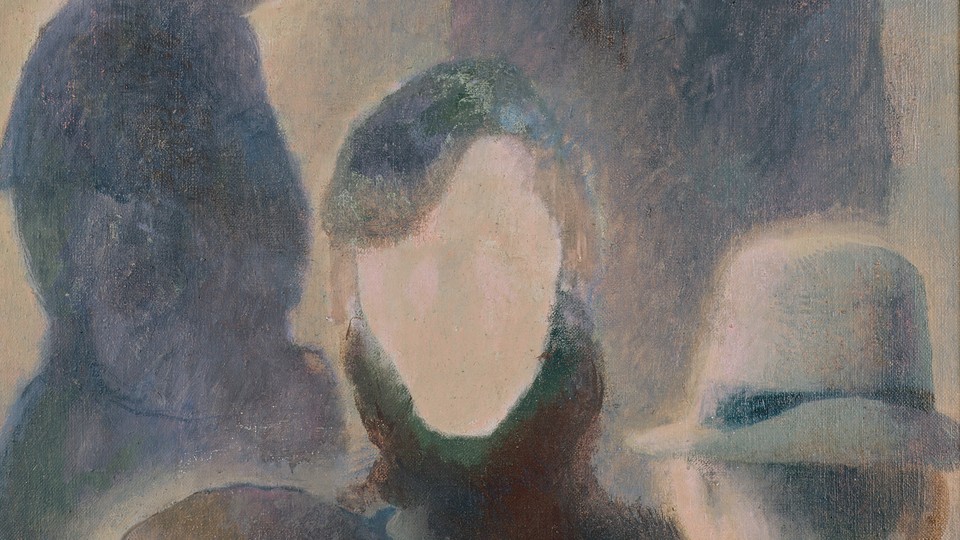 A painting of three faceless figures